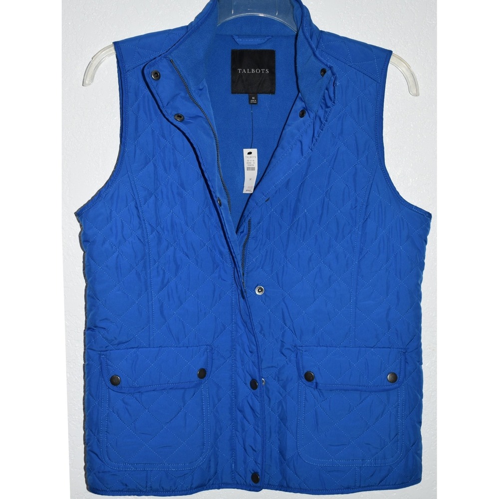 Talbots M Quilted Vest Fleece Lined Cobalt Blue Snap Pockets New w/tags Zip/Snap